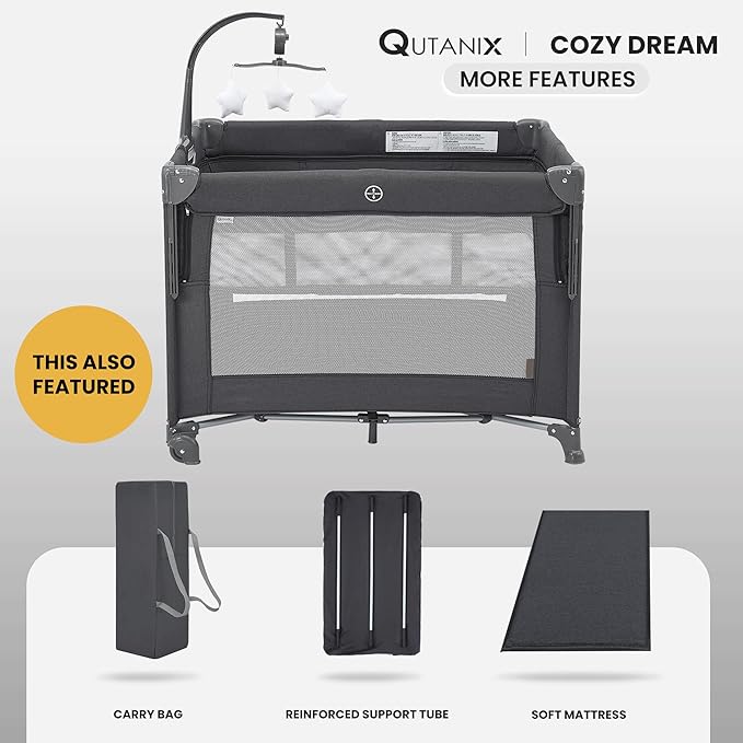 2-in-1 Pack and Play with Mattress,Baby Bassinet Bedside Sleeper, Bedside Bassinet & Baby Playpen, Easy Folding Portable Crib for Newborn to Toddlers (Dark Grey)-BubblyBeeBaby