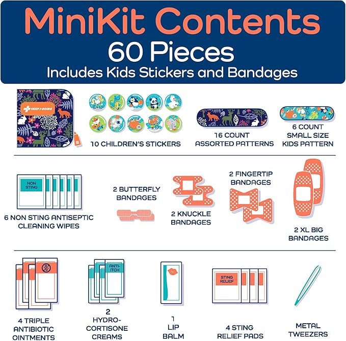 KeepGoing Small Travel First Aid Kit Kids – 60 Pc. Mini First Aid Kit for Purse, Diaper Bag, & Backpack with Latex-Free Bandages – 4 Oz., & 4.5 x 3.5 x 2 in, TSA-Approved-BubblyBeeBaby