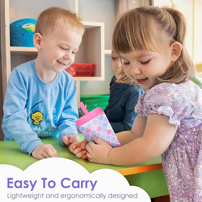 Kid Insulated Stainless Steel Tumbler with Silicone Straw, 12oz Sippy Cup for Kids (Mermaid Scale)-BubblyBeeBaby