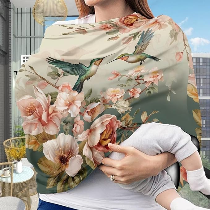Binienty Car Seat Covers for Babies, Hummingbird Flower Design,Floral Nursing Cover Breastfeeding Scarf, Stretch Baby Carseat Canopy-BubblyBeeBaby