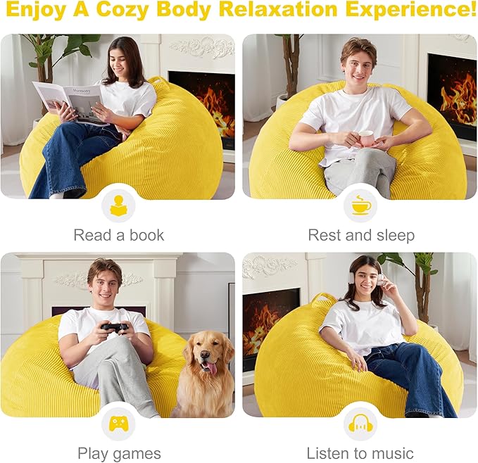 Homguava 3.5FT Bean Bag Chair: Teardrop Bean Bags with Memory Foam Filled, Compact Beanbag Chairs Soft Sofa with Corduroy Cover (Yellow)-BubblyBeeBaby