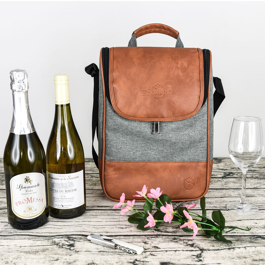 2 Bottle Wine Set Leather Insulated Bag As Gift - Luxury 2 Bottle Carrier Design For Picnic/Travel - Idea Gift For Women/Man (Reserve Place For Corkscrew Opener ＆ Cheese, Gray Brown)