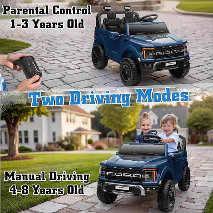 24V Ride on Car Licensed Ford F-150 Raptor, Kids Electric Car with Remote Control, LED Light/Music/MP3, Truck Bed Storage, 3-Point Seat Belt (24V, Blue)-BubblyBeeBaby
