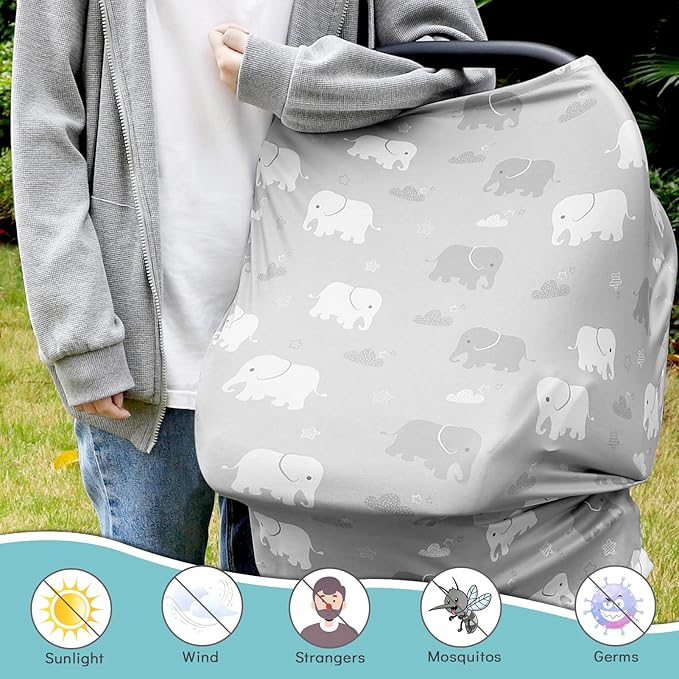 Nursing Cover Breastfeeding, Multi-use Baby Car Seat Covers Boys, Infant Stroller Cover, Stretchy Carseat Canopy, Soft Breathable, Elephant-BubblyBeeBaby