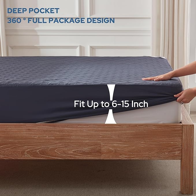 2 Pack Waterproof Mattress Protector, Full Size Mattress Pad with Deep Pocket 6"-15" Depth, Soft Breathable Dirt-Proof Single Bed Mattress Cover for Bedroom, Dorm Room (Navy Blue)-BubblyBeeBaby