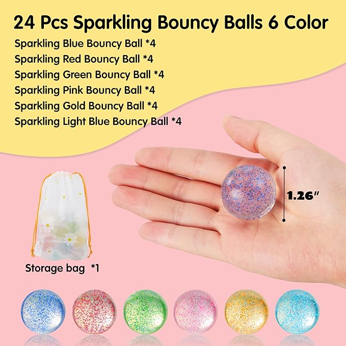 JOYIN 24 PCS Glitter Bouncy Balls, 6 Styles 32mm Assorted Bouncy Balls Bulk with Storage Bag, Bounce Toys for Kids Party Favors Birthdays Gifts Goodie Bags Stuffers Carnival Prizes-BubblyBeeBaby