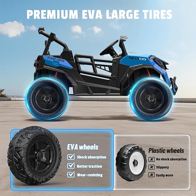 24V 2 Seater Ride on Car Truck, 4x200W, EVA Tires, 4WD/2WD, Remote Control, Rainbow Lights, Shock Absorbers, Bluetooth, Ride On UTV Toy for Kids Ages 3-8, Blue-BubblyBeeBaby