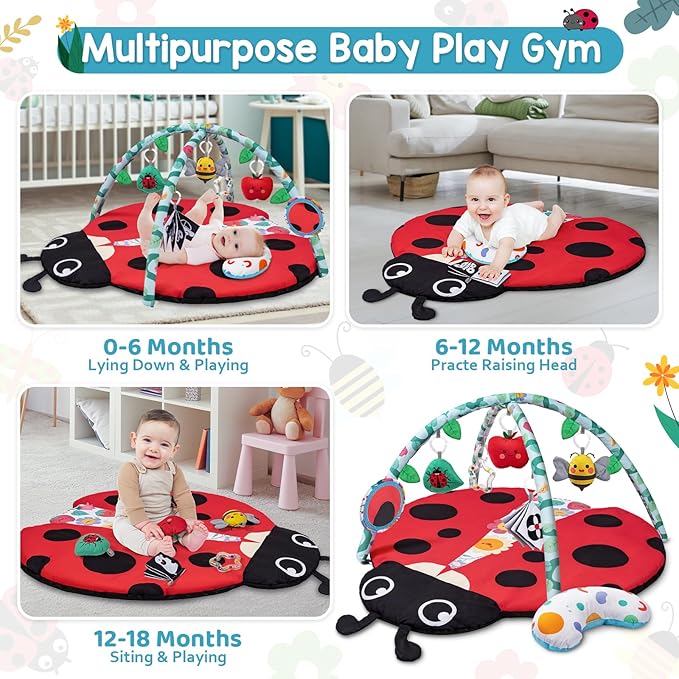 Jyusmile Baby Play Gym Mat, 8-in-1 Tummy Time Mat with 6 Toys, Washable Baby Activity Mat for Visual, Hearing, Sensory, Motor Development, Baby Essentials Gift for Newborn Infant 0-3-6-9-12 Months-BubblyBeeBaby