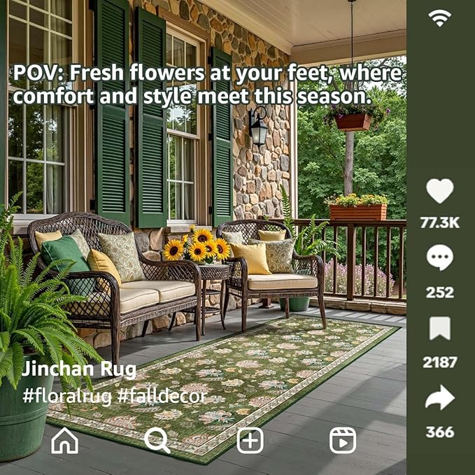 jinchan 2x5 Floral Runner Rug for Hallway Washable Kitchen Runner Vintage Romance Design Non Slip Thin Indoor Floor Cover Low-Profile Throw Carpet for Entryway Bathroom Bedroom Porch, Green-BubblyBeeBaby