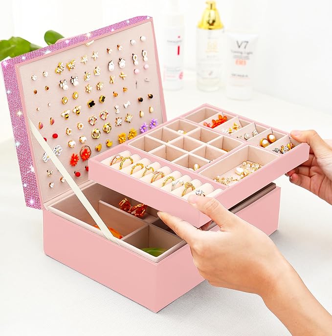 Jewelry Box for Earrings for Girls Jewelry Organizer Box Earring Holder Organizer for Girls Earring Box Jewelry Box Stud Earring Organizer for Girls Earring Jewelry Boxes for Women Pink Bling-BubblyBeeBaby