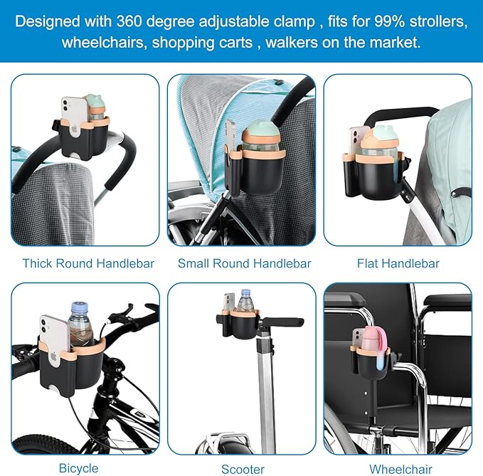 Accmor Stroller Cup Holder with Phone Holder, Bike Cup Holder, Universal Cup Holder for Uppababy Nuna Doona Strollers, 2-in-1 Cup Phone Holder for Stroller, Bike, Wheelchair, Walker, Scooter-BubblyBeeBaby