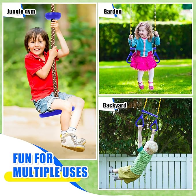 Hungdao 2 Set Gym Ring Trapeze Swing Bar and Climbing Rope with Platforms Disc Heavy Duty Coated Chains Seat Accessories for Outdoor Indoor Playground Backyard(Blue)-BubblyBeeBaby