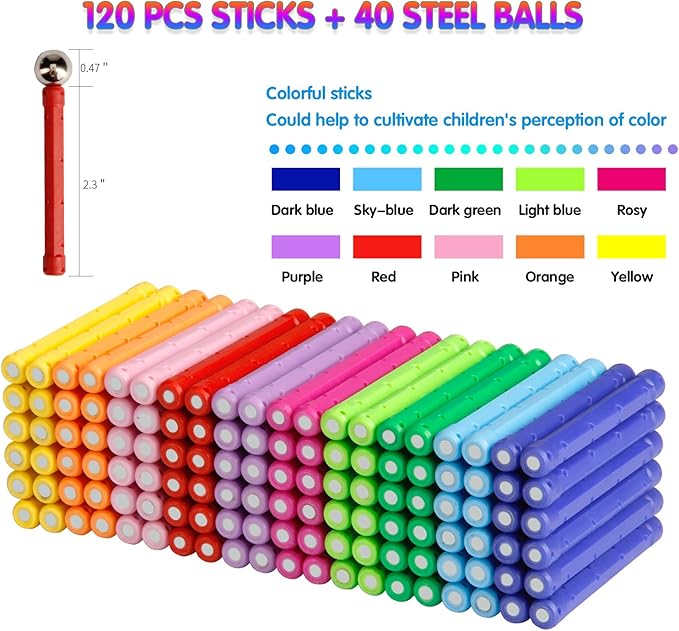 160 Pcs Magnet Building Sticks Kids Toys, Lengthen Magnetic Construction Building Blocks Set 3D Brain Training Learning Educational DIY STEM Toys-BubblyBeeBaby