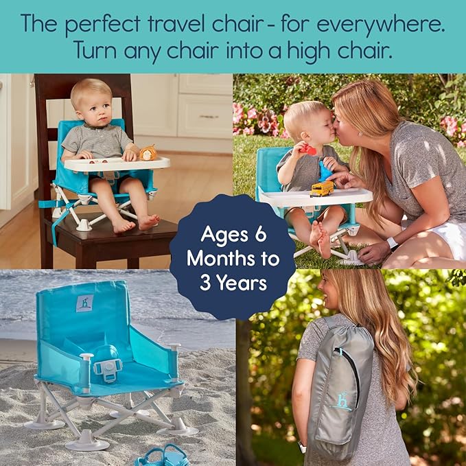 Hiccapop OmniBoost Travel Booster Seat with Tray for Baby | Folding Portable Seat for Dining Table, Camping, Beach, Grandma’s | Tip-Free Design Straps to Kitchen Chairs-BubblyBeeBaby