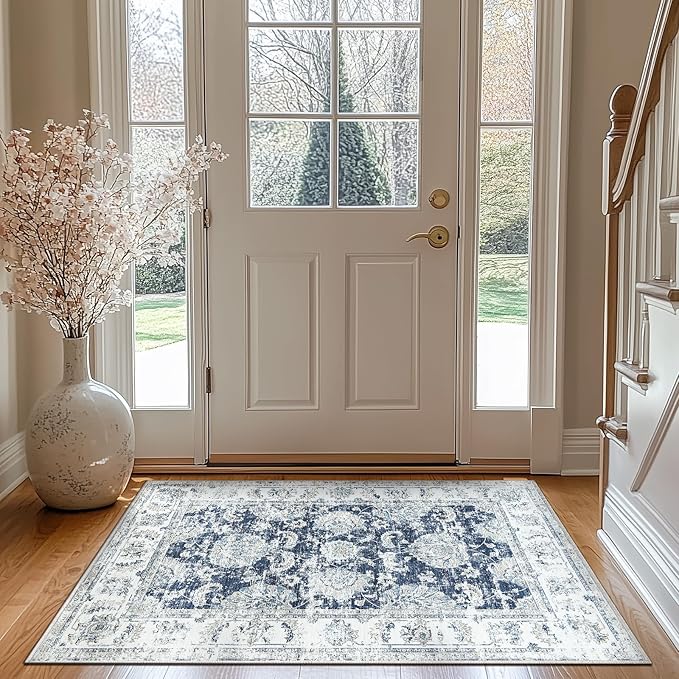 jinchan Floral 3x5 Area Rugs for Entryway - Machine Washable Taupe Vintage Distressed Design Doormat Non-Slip Ultra-Thin Low Pile Boho Rug for Kitchen Living Room Bedroom Farmhouse (3‘x5',Dark Blue)-BubblyBeeBaby