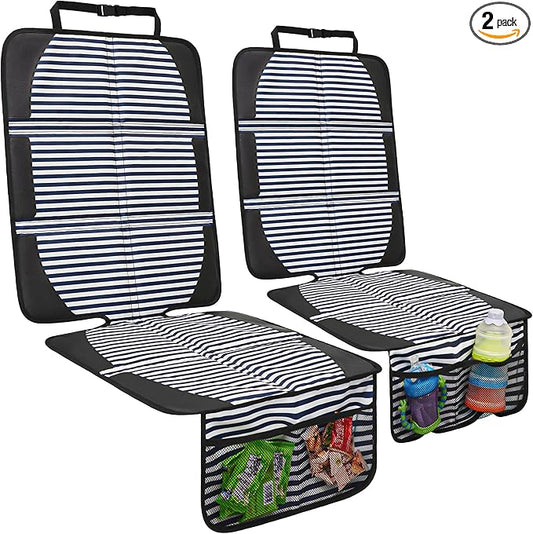 Car Seat Protector for Child Car Seat, 2 Pack Baby Car Seat Covers with Mesh Pockets & Non-Slip Backing 600D Durable Seat Protector Under Baby Car Seat for Car Back Seat (Stripe, Large)-BubblyBeeBaby