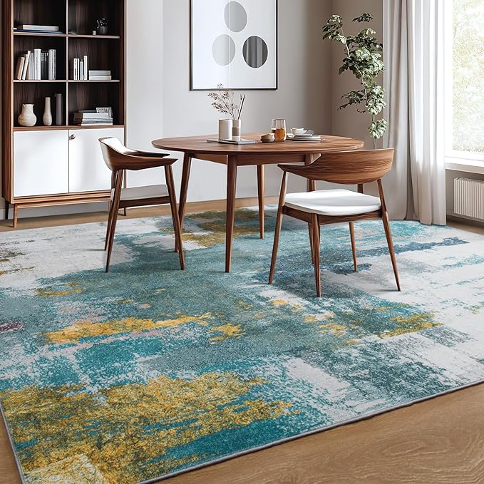 Kelarea 6x9 Area Rugs for Living Room, Washable Abstract Non-Slip Large Rug Stain Resistant Blue Carpet, Low Pile Soft Indoor Rug for Bedroom, Dining Room, Nursery, Kitchen, Home Office-BubblyBeeBaby