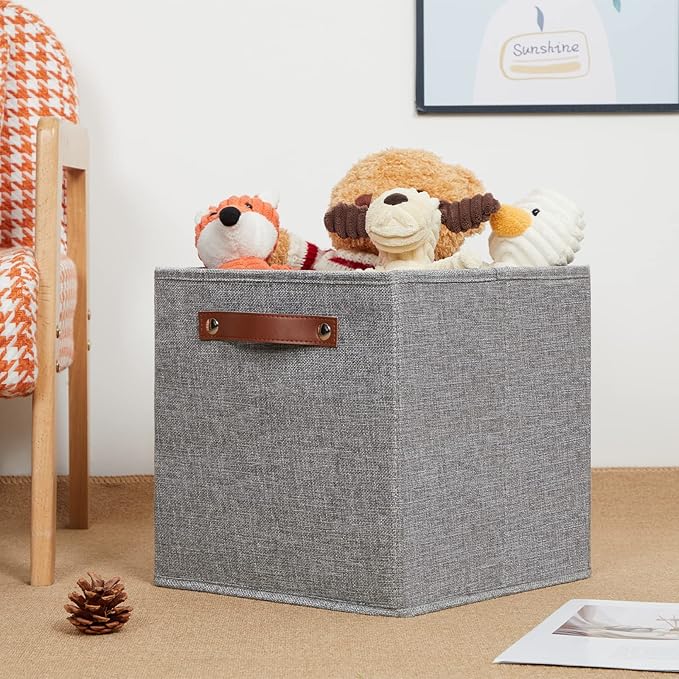 HNZIGE Shelf Storage Cubes Bins for Organizing, Set of 4, Cabby Fabric Cube 11x11 Closet Organizer with Handles (Gray)-BubblyBeeBaby