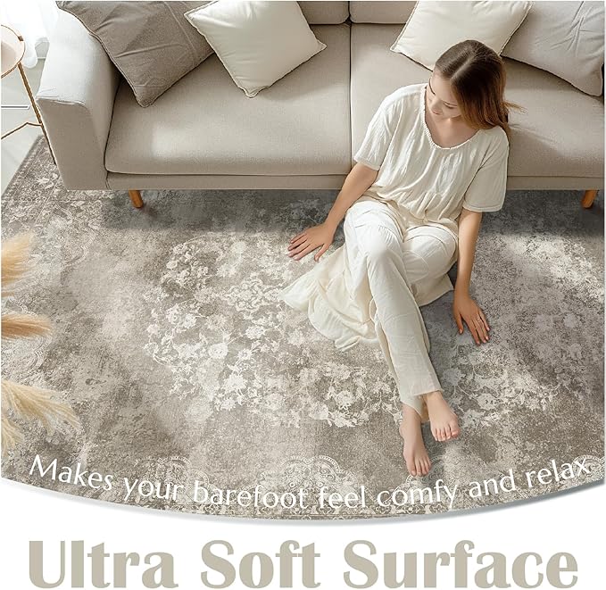 jinchan Washable Area Rug 8x10 for Living Room - Soft Faux Wool Ultra-Thin Stain Resistant Non-Slip Distressed Vintage Floral Large Carpet for Bedroom,Dining Room,Home Office,Nursery(Brown, 8'x10')-BubblyBeeBaby