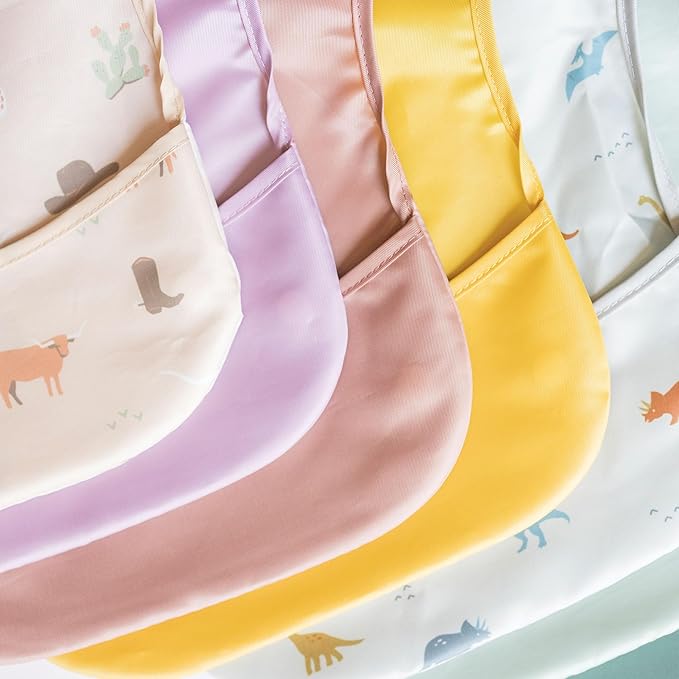 Tiny Twinkle Mess Proof Baby Bibs for Eating - Waterproof, Wipeable Bibs - Toddler Bibs - Travel Friendly - PFAS, PVC, BPA, Phthalate Free - Baby Food Bibs (3 Pack,Sage,Taupe, Dandelion)-BubblyBeeBaby