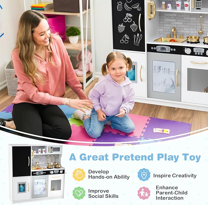 HONEY JOY Kids Kitchen Playset, Wooden Little Chef Pretend Toy Kitchen Set w/Chalkboard, Telephone, Utensils, Oven, Microwave, Sink, Storage, Play Kitchen for Toddlers Boys Girls, White Golden-BubblyBeeBaby