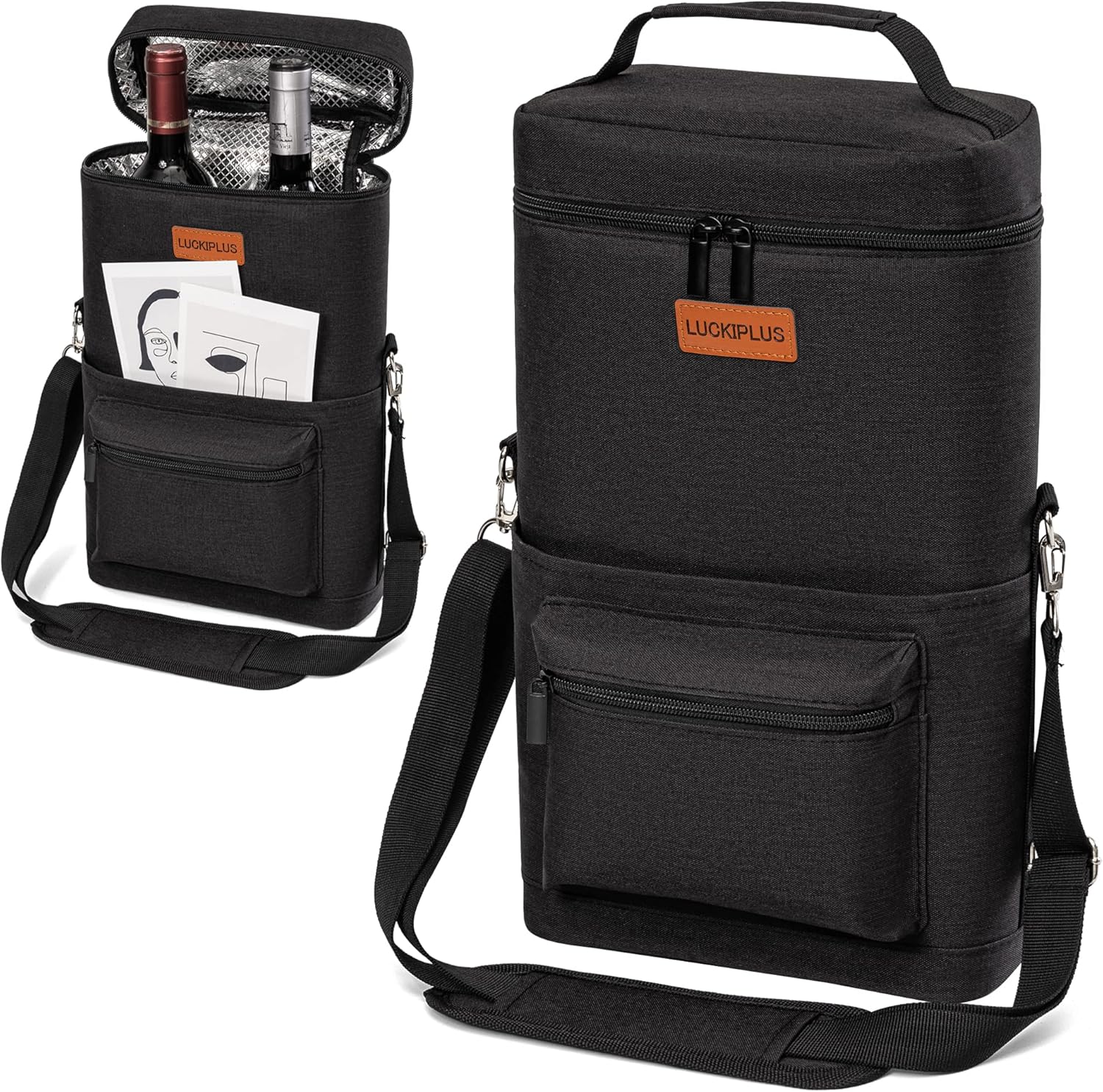 Insulated Wine Carrier Bag for 2 Bottles with Padded Shoulder Strap