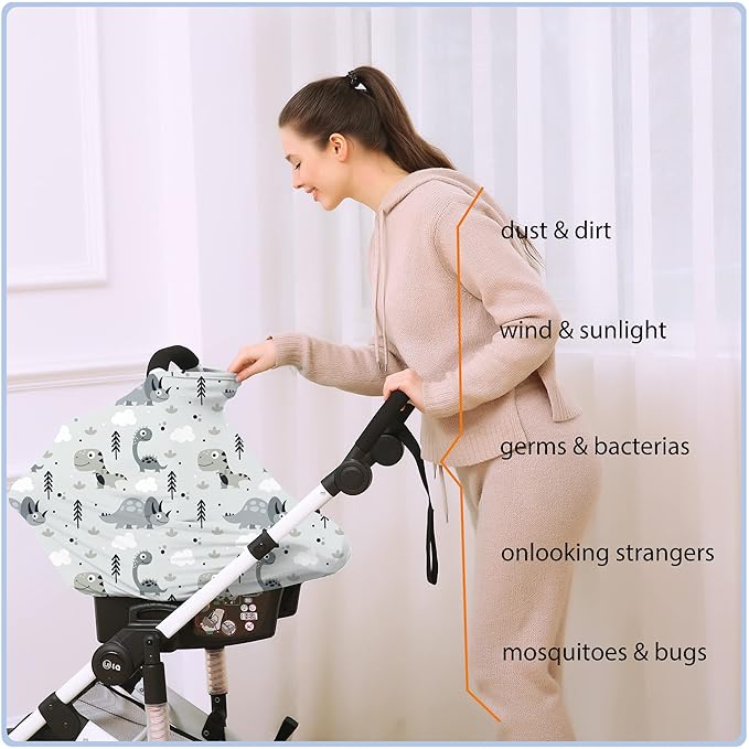 Car Seat Covers for Babies - Multi- use Nursing Carseat Canopy, Breastfeeding Covers, Baby Shower Gifts for Boys and Girls (Grey Dinosaur)-BubblyBeeBaby