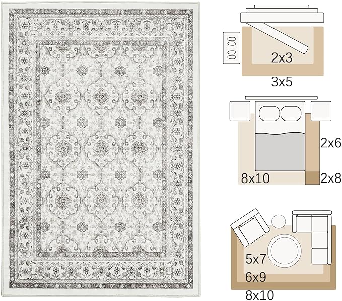 jinchan Floral 6x9 Area Rugs for Living Room - Machine Washable Vintage Distressed Boho Design Throw Rug Stain Resistant Carpet Low-Pile Thin Non-Slip for Bedroom Dining Room Nursery (6‘x9',Beige)-BubblyBeeBaby
