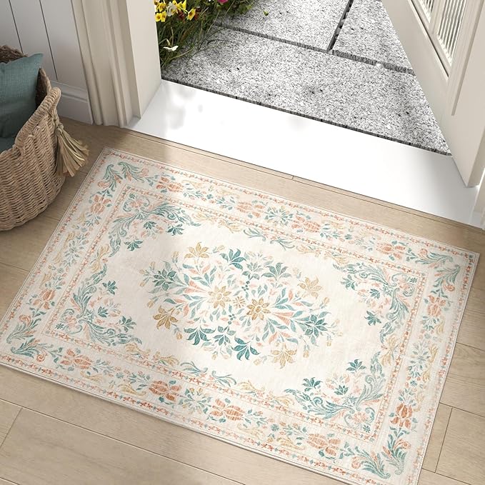 jinchan Spring Floral 2x3 Rugs for Entryway - Vintage Washable Area Rug Ultra-Thin Low Pile Soft Small Non Slip Distressed Indoor Doormat Accent for Entrance Kitchen Bedroom (2x3ft,Apricot Multi)-BubblyBeeBaby