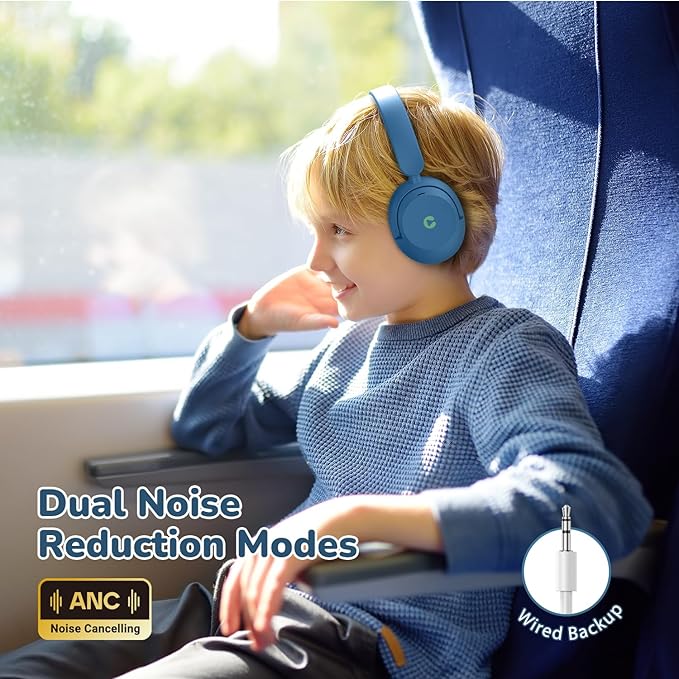 iClever BTH20 Active Noise Cancelling Headphones for Kids, 60H Play Time,Type C Fast Charging, Safe Volume 80dBA, Bluetooth5.4, Award-Winning Kids Headphones Wireless for iPad Tablet Airplane, Blue-BubblyBeeBaby