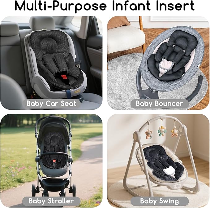 Infant Car Seat Insert for Newborn Girls Boys, Summer Mesh Baby Carseat Head Support with Strap Pads, Soft Reversible Baby Car Seat Insert Cushion Pad for Car Seat, Stroller, Bouncer, Swing, Black-BubblyBeeBaby