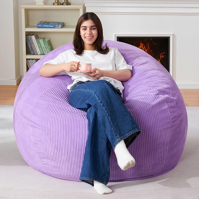 Homguava 3.5FT Bean Bag Chair: Teardrop Bean Bags with Memory Foam Filled, Compact Beanbag Chairs Soft Sofa with Corduroy Cover (Purple)-BubblyBeeBaby