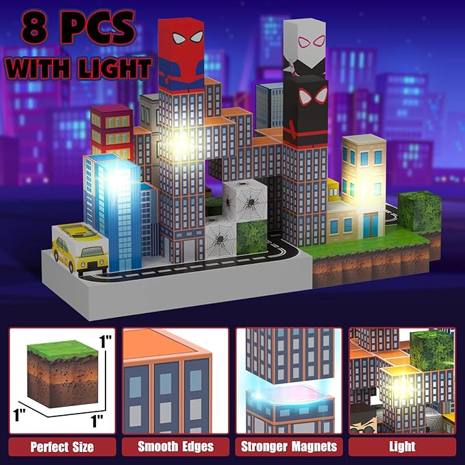 150 PCS Magnetic Blocks Building Toys Set, Spider Toys Light Up Magnetic Building Blocks for Boys Girls Ages 3+, 1 Inch Magnet Cubes STEM Sensory Construction Toy City Themes-BubblyBeeBaby