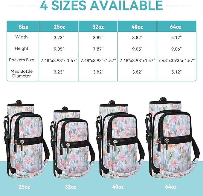25/32/40/64oz Water Bottle Bag Holder Carrier-Insulated Crossbody Sling Case Sleeve with Strap & Pockets for Men Women Gym Cycling Travel Walking Hiking Camping-BubblyBeeBaby