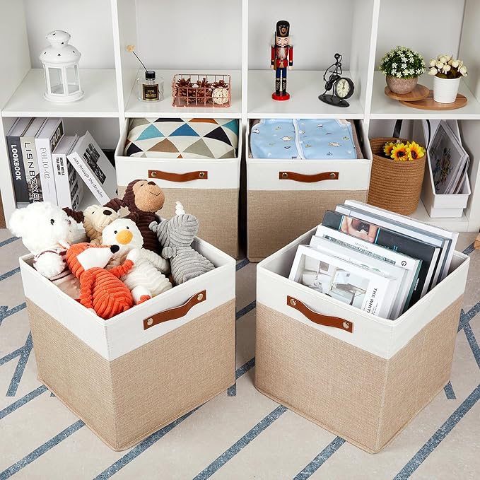 HNZIGE Fabric Baskets for Organizing 13x13 Storage Cubes, Set of 4 Fabric Foldable Canvas Storage Bins for Shelves, Cloth Storage Bins for Cube Organizers Toy Nursery Closet Bedroom?Beige&White?-BubblyBeeBaby