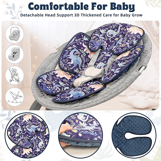 Pea Pod Infant Car Seat Insert 2-in-1 Baby Car Seat Head & Body Support for Newborn Girl Reversible 3 Layer Warm Preemie Carseat Stroller Cushion Headrest with Soft Minky Dot Fabric, Cute Dinosuar-BubblyBeeBaby