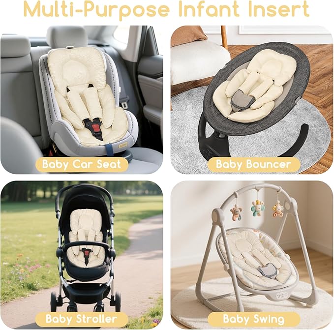 Infant Car Seat Insert for Newborn Girls Boys, Summer Mesh Baby Carseat Head Support with Strap Pads, Soft Reversible Baby Car Seat Insert Cushion Pad for Car Seat, Stroller, Bouncer, Swing, Beige-BubblyBeeBaby