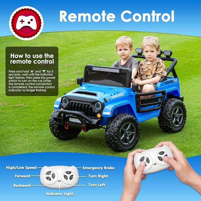 24V 2 Seater Ride On Truck with Remote Control 4WD Electric Car for Kids Ride On Car Battery Powered Ride On Toy Car with Music Player, LED Lights, Bluetooth, Rear Shock Absorber, Blue-BubblyBeeBaby