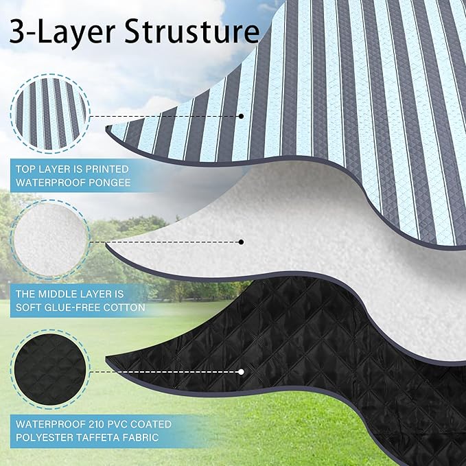 HX&OD Outdoor Picnic Blanket Extra Large, 80''*80'' Waterproof Picnic Mat with Stakes Foldable Camping Blanket Portable with Carry Strap for Beach Mat (Grey& Green, 80''*80'')-BubblyBeeBaby