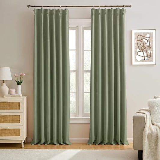 KEQIAOSUOCAI Pinch Pleated Sage Green Blackout Curtains 102 Inches Long, Window Treatment Black Out Curtain for Living Room Darkening Nursery Drapes with Hooks 40x102-2 Panels Set-BubblyBeeBaby