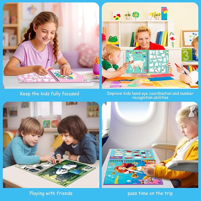 homicozy 4PCS Sticker Paint Books for Kids Ages 4-10,Unicorn Mermaid Animals Designs Paint by Stickers,Sticker by Numbers,Party Birthday Gifts for Girls 4-10,Create 40 Pictures One Stickers at A Time-BubblyBeeBaby