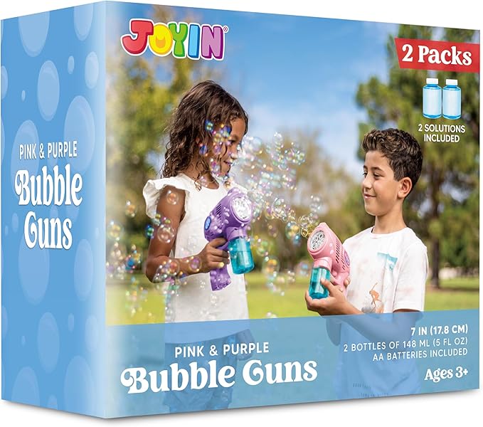 JOYIN 2 Bubble Guns with 2 Bottles Refill Solution, Bubble Machine Gun for Kids, Toddlers, Party Favors, Summer, Outdoors Activity, Wedding, Easter, Birthday Gift-BubblyBeeBaby