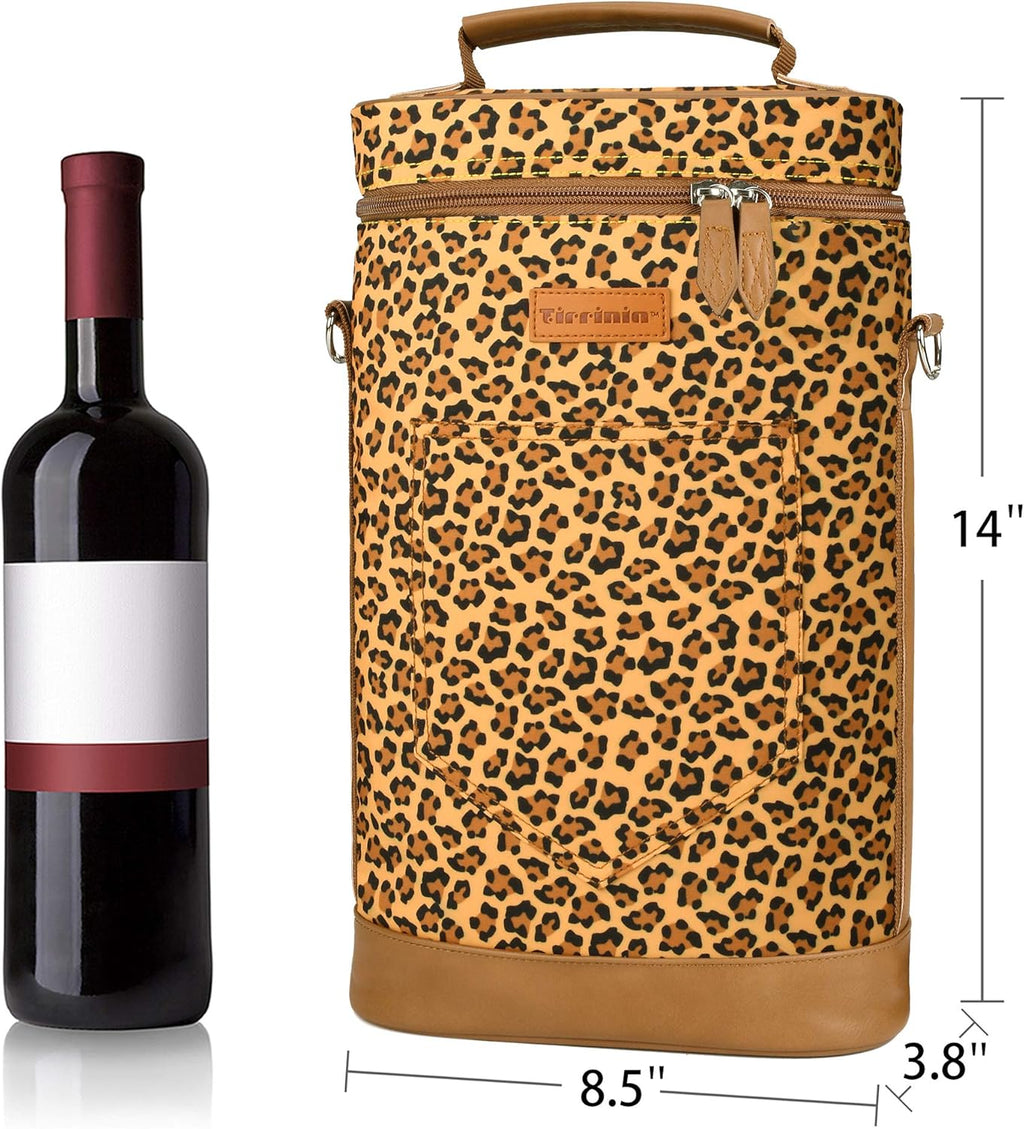Tirrinia 2 Bottle Wine Gift Tote Carrier - Leakproof & Insulated Padded Versatile Wine Cooler Bag for Travel, BYOB Restaurant, Wine Tasting, Party, Dinner,Gift for Wine Lovers, Cheetah