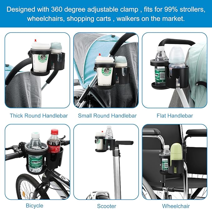 Accmor Universal Cup Holder, Stroller Cup Holder, 360° Rotatable Large Caliber Designed Bottle Holder for Stroller, Bike, Wheelchair, Walker, Scooter-BubblyBeeBaby