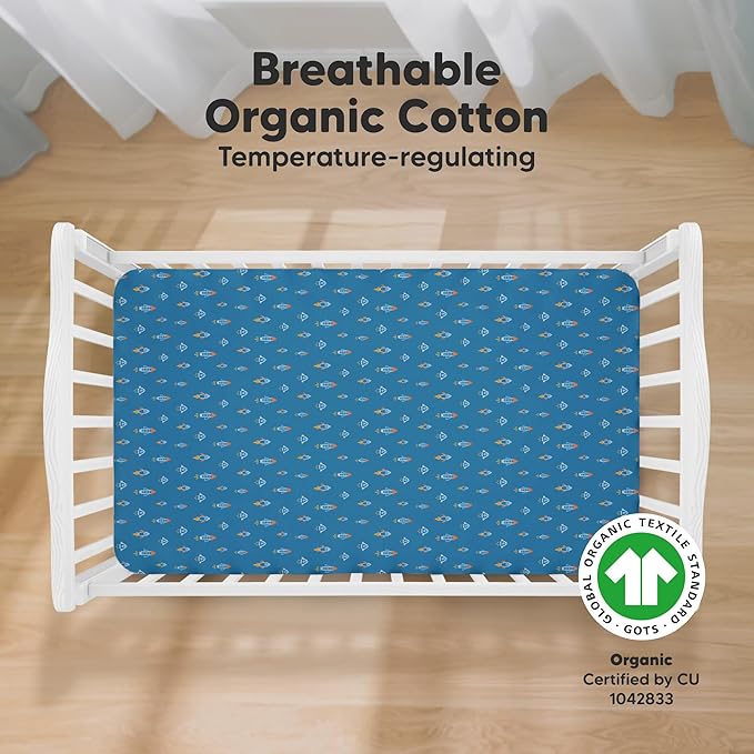 KeaBabies 2-Pack Organic Crib Sheets for Boys, Girls - 52x28 Fitted Crib Mattress Sheet Neutral, Breathable Jersey Cotton Cover for Baby Bed, Toddler Mattress, Soft & Cute Prints (Space Quest)-BubblyBeeBaby