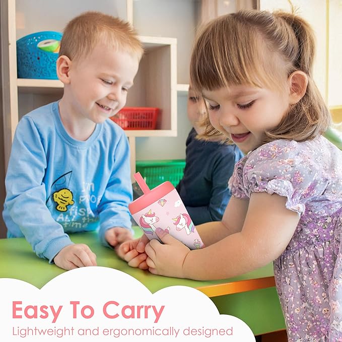 Kid Insulated Stainless Steel Tumbler with Silicone Straw, 12oz Sippy Cup for Kids (Dreamy Unicorn)-BubblyBeeBaby