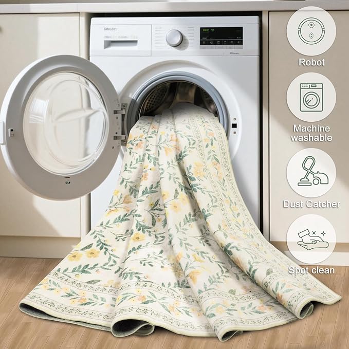 10x14 Area Rugs for Living Room: Floral Washable Rug Vintage Large Soft Boho Non-Slip Carpet Stain Resistant Low Pile Carpets for Bedroom Dining Room Farmhouse Nursery Hallway Home Office Beige/Multi-BubblyBeeBaby