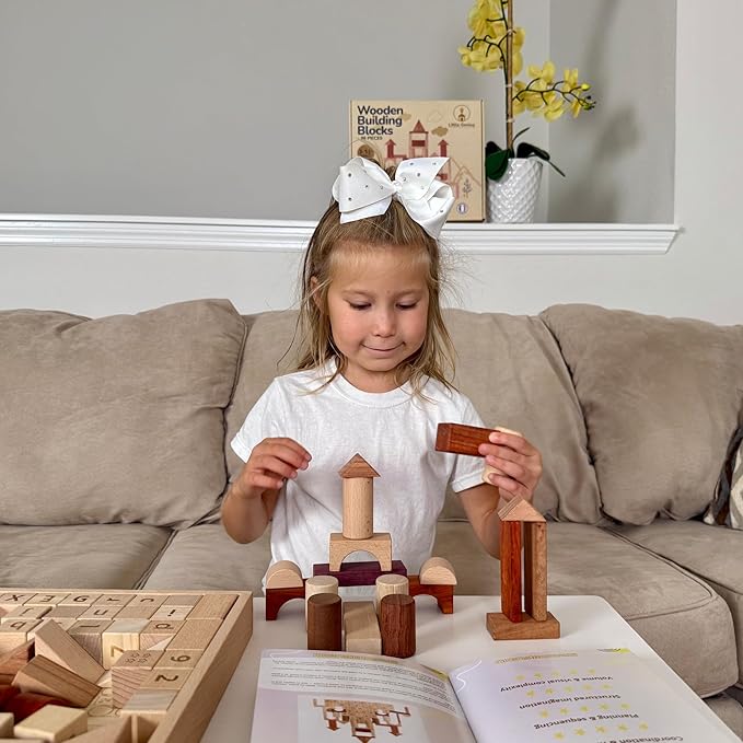 Hexagon Montessori Wooden Building Blocks – 86 Pieces FSC-Certified Beech | Alphabet & Number Blocks with Board Game, Storage Bag & 15-Challenge Guide | Stacking Toy for Kids Ages 3+-BubblyBeeBaby