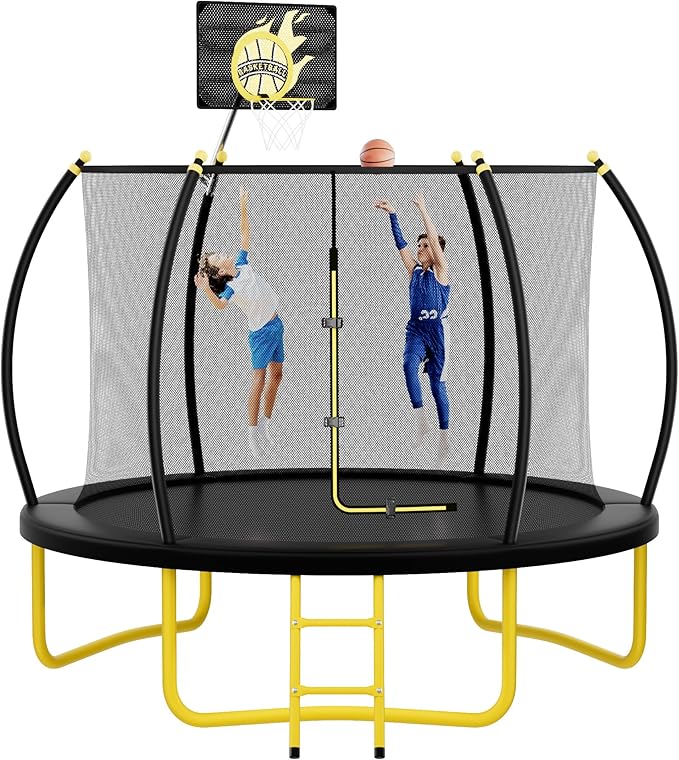 10FT 12FT 14FT 16FT Pumpkin Trampoline for Kids Adults, ASTM Approved Outdoor Recreational Trampoline with Basketball Hoop, Enclosure Net, Yellow-BubblyBeeBaby