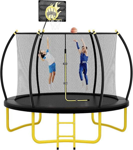 10FT 12FT 14FT 16FT Pumpkin Trampoline for Kids Adults, ASTM Approved Outdoor Recreational Trampoline with Basketball Hoop, Enclosure Net, Yellow-BubblyBeeBaby
